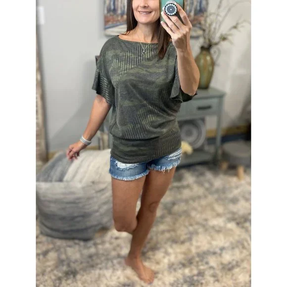 Camouflage Ribbed Ruffle Off Shoulder Dolman Top Green 0919 - Picture 4 of 12